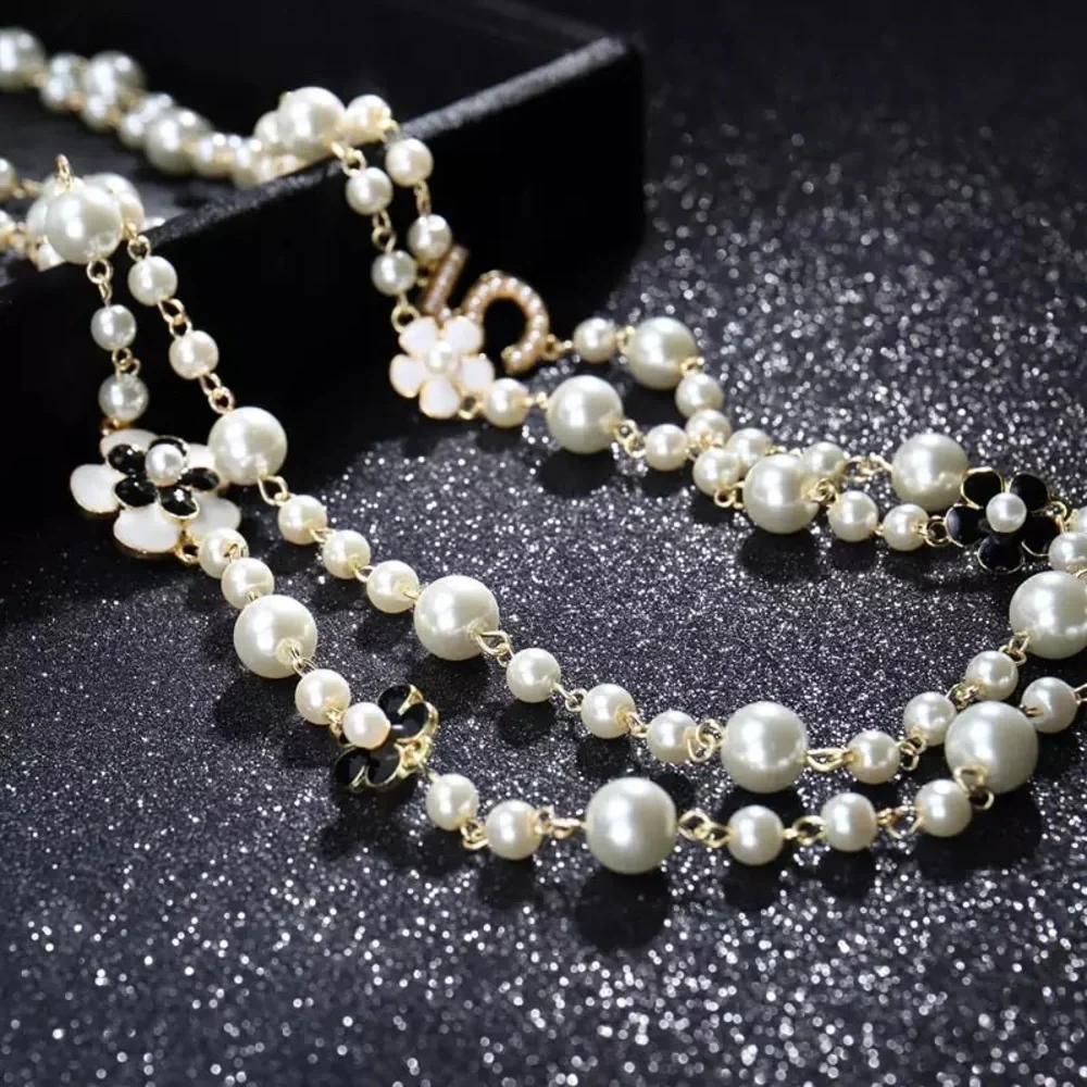 New Pearl Camellia Number5 Flower Double Long Necklace